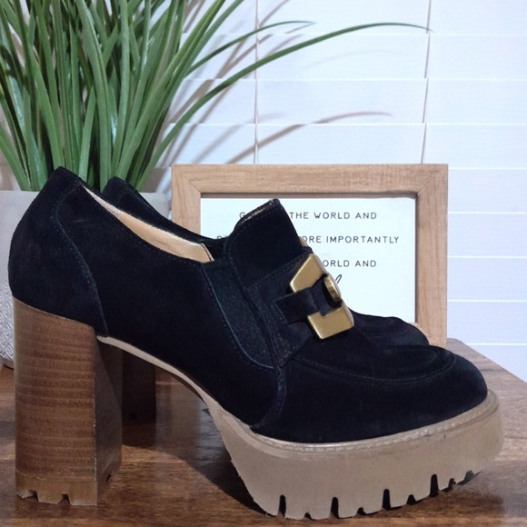 Luca Grossi Designer Black Suede High Heel Platform Loafers 35 (US sz 5) - Picture 2 of 10